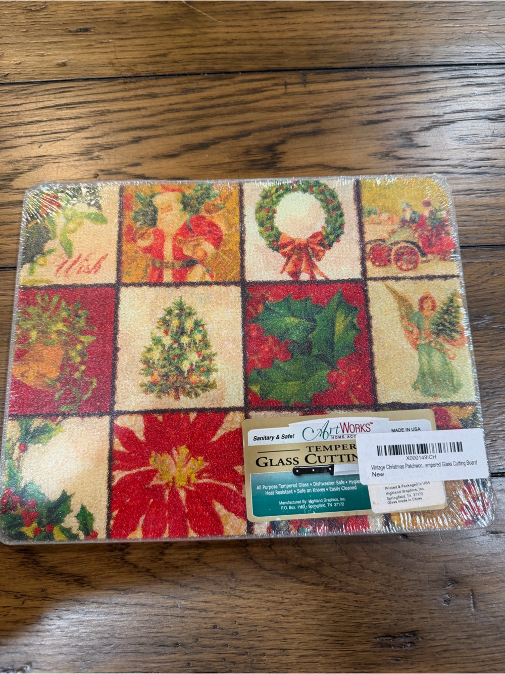 Holiday Glass Cutting Board - Red, Green & Cream Festive Patchwork